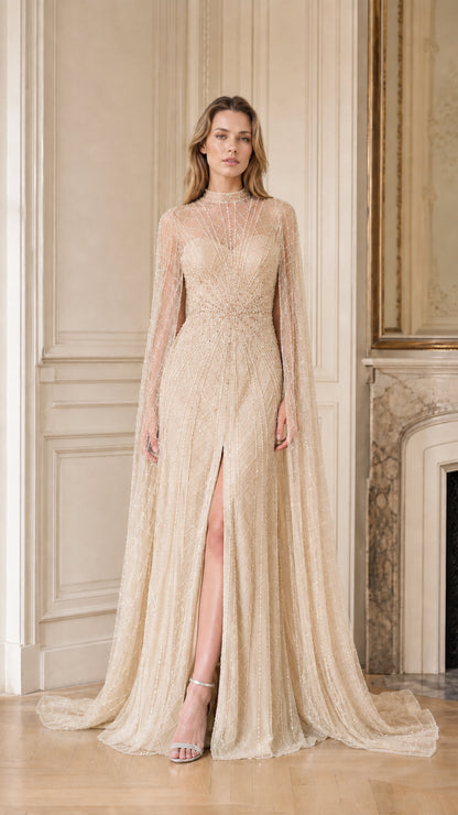 Front view of champagne beaded cape sleeve evening dress