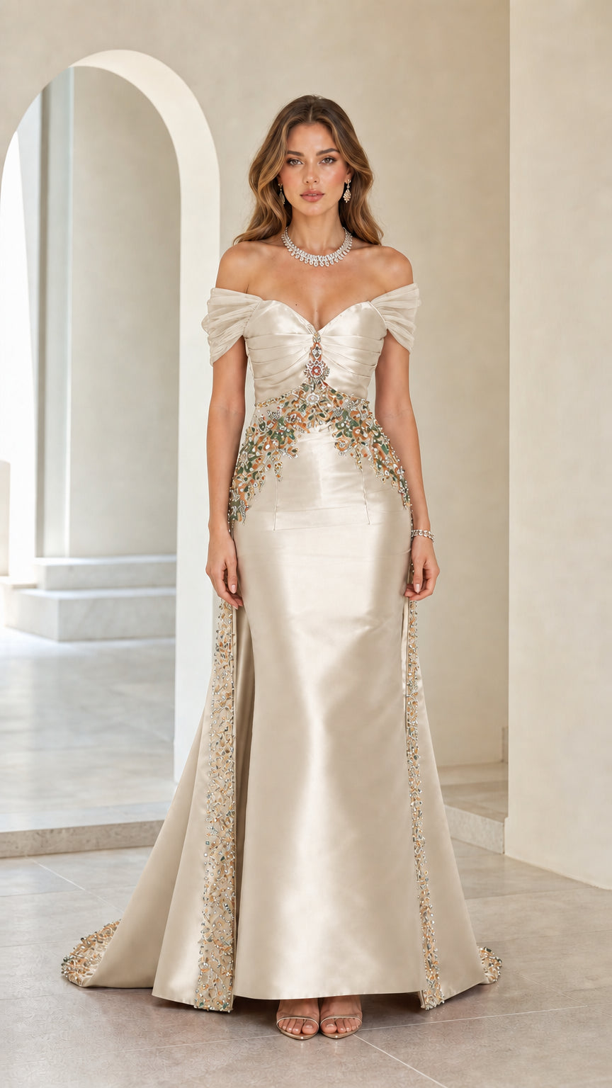 Front view of champagne off-shoulder beaded satin evening gown