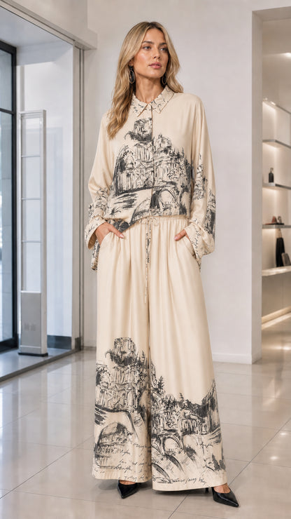 Beige cream architectural graphic print matching two-piece shirt and trousers set