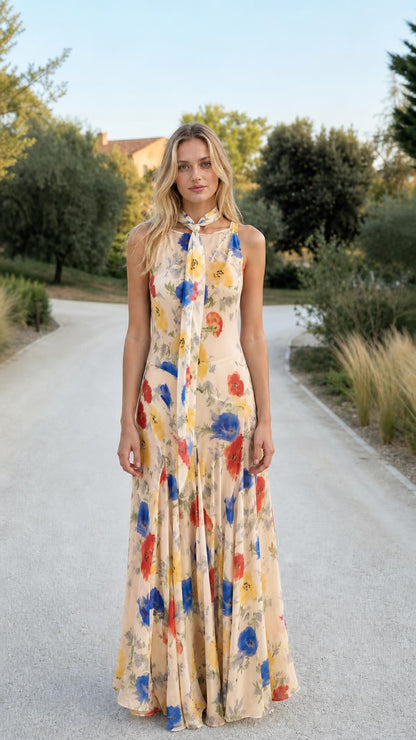Model wearing beige variant of the floral halter maxi dress