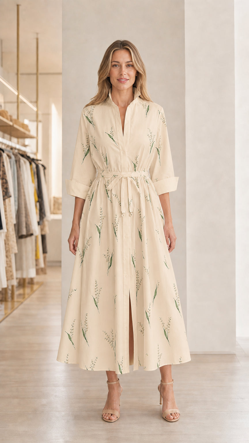 Model wearing cream floral midi shirt dress