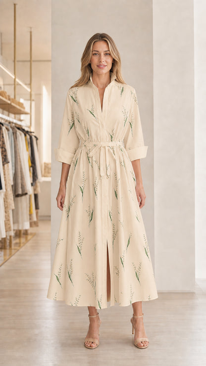 Model wearing cream floral midi shirt dress