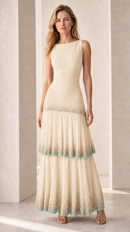 Full-length view of model in champagne sequin-trimmed tiered maxi dress