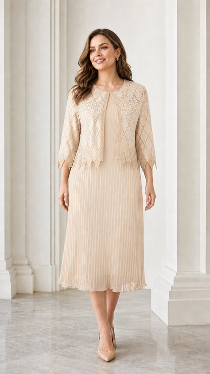 Front full view of champagne two-piece dress set