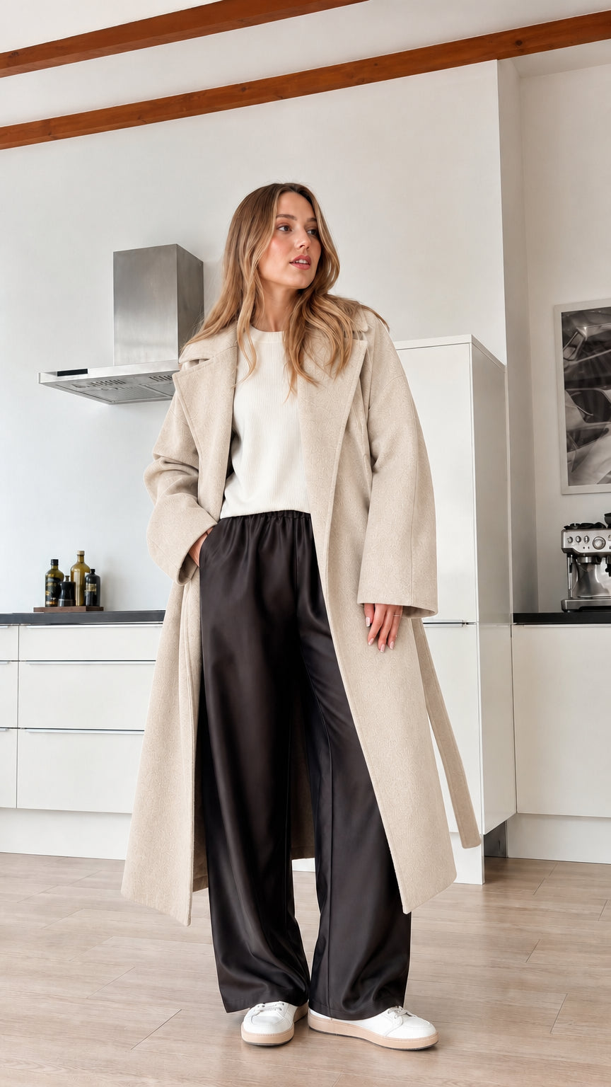 Model wearing beige cream full-length wrap coat