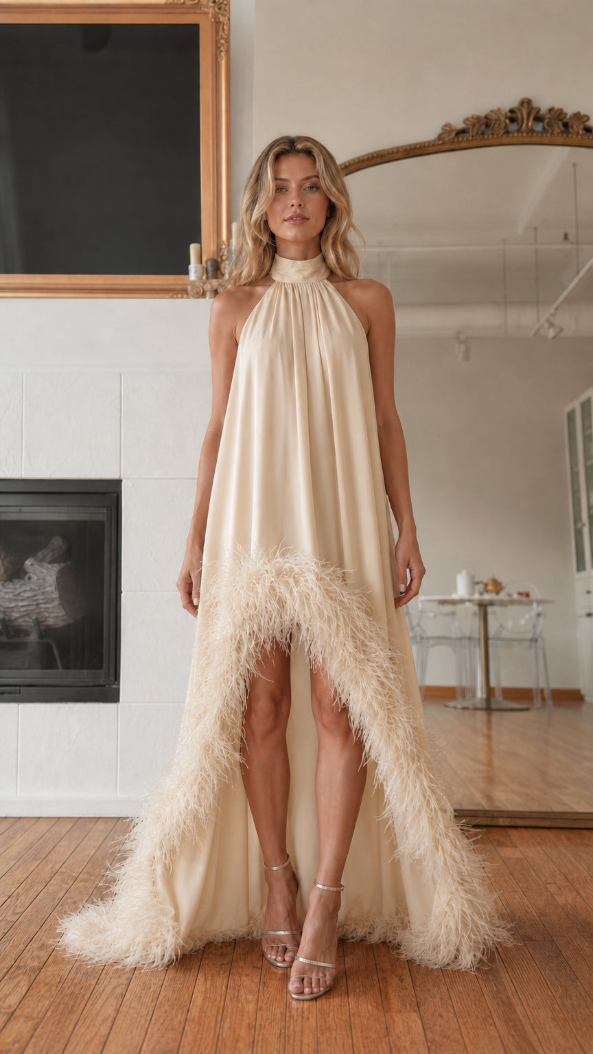 Front view of model wearing champagne feather hem high neck maxi dress