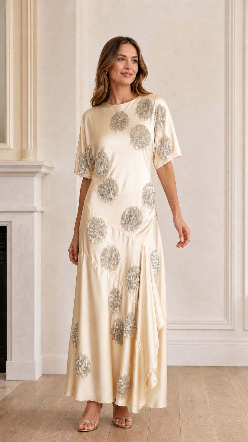 Model wearing champagne sequin polka dot satin maxi dress