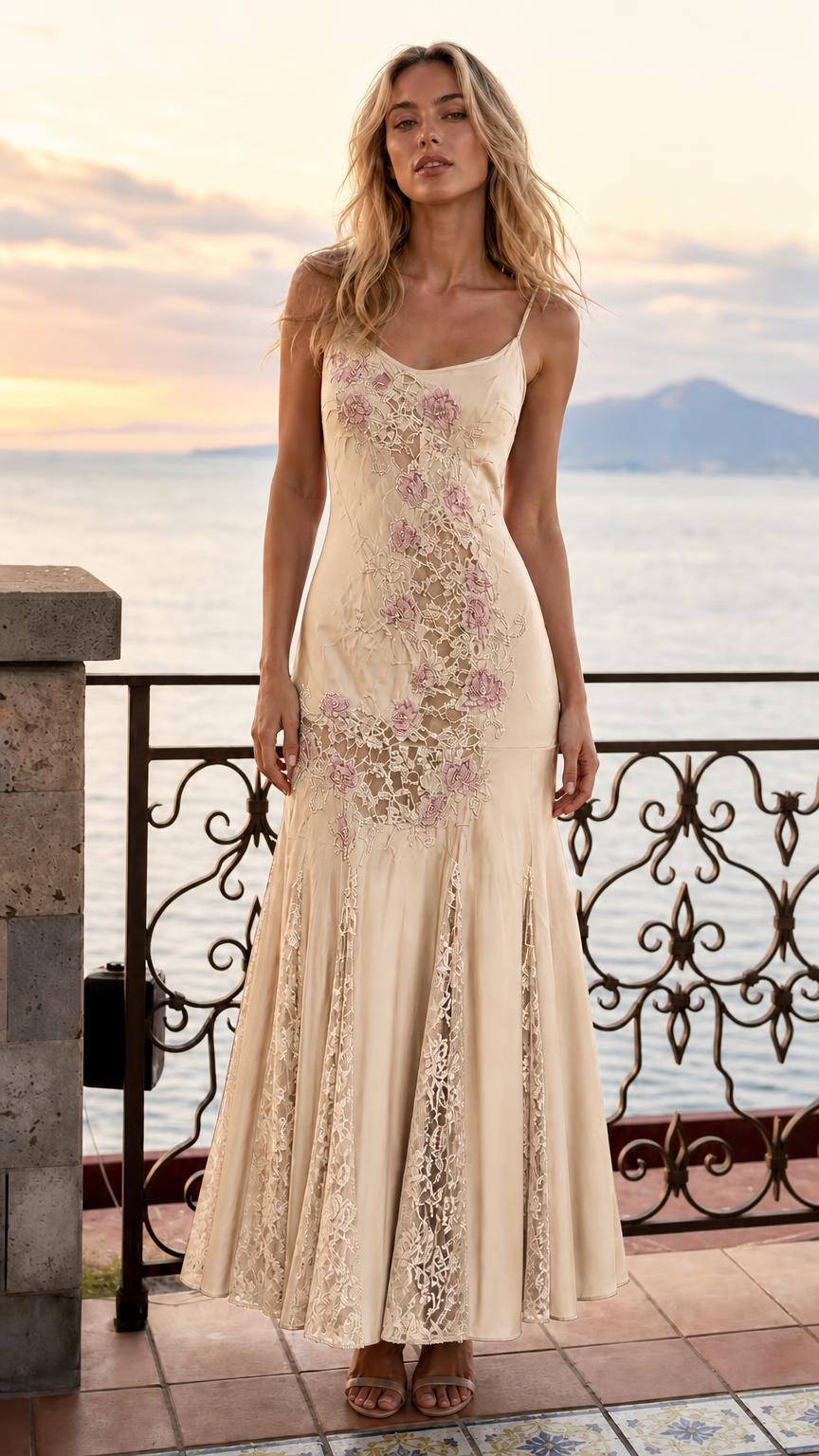 Front view of woman wearing champagne lace slip maxi dress