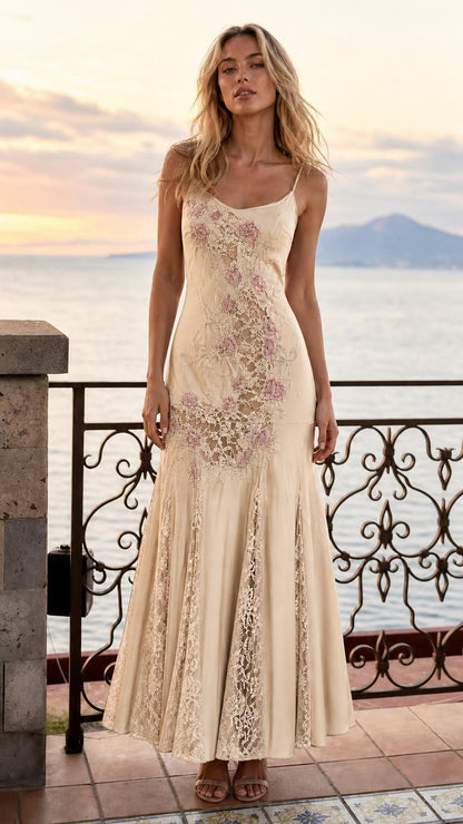 Front view of woman wearing champagne lace slip maxi dress
