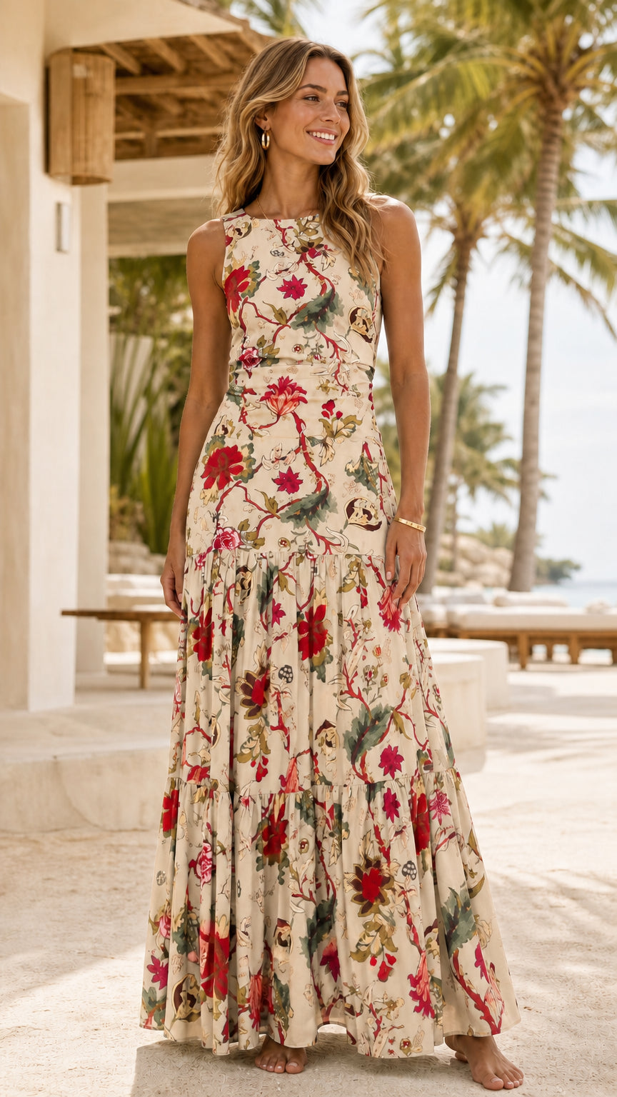 Front view of cream floral maxi dress variant