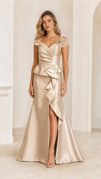 Model wearing champagne satin evening dress