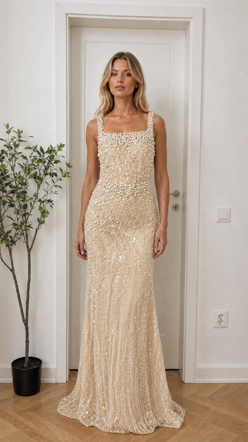 Model wearing champagne beaded evening dress