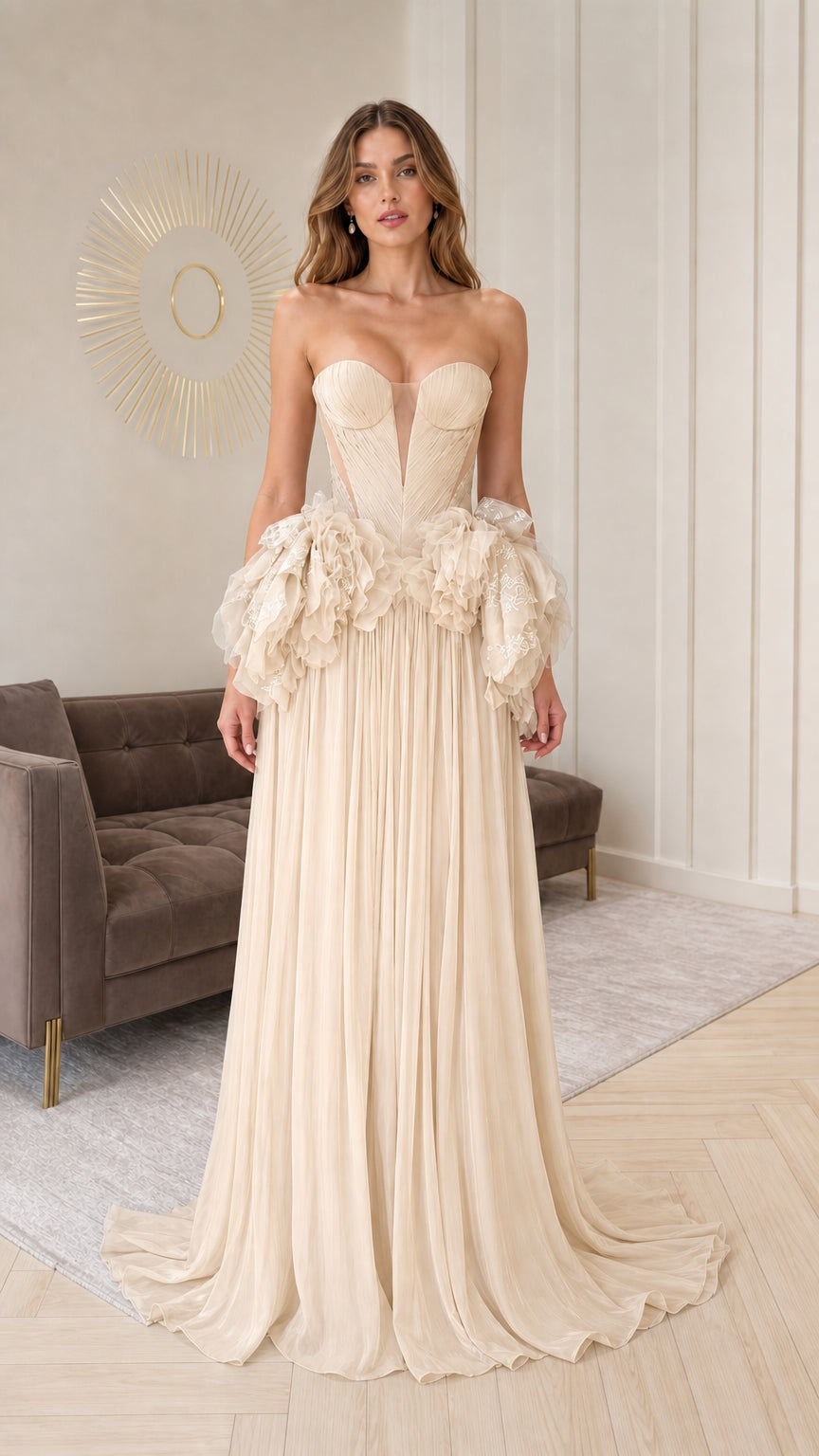 Champagne neutral strapless evening gown with textured waist