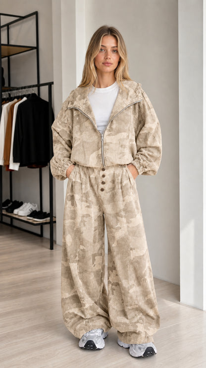 Front view of the beige camouflage cropped jacket and wide-leg pants set