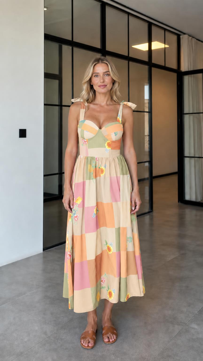 Beige variant of patchwork floral midi dress