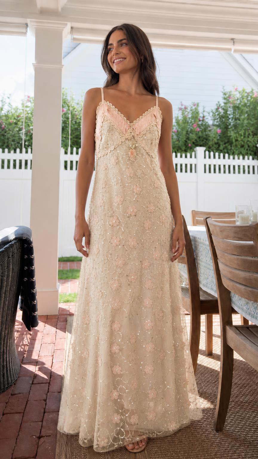 Model wearing Champagne floral embroidered maxi slip dress