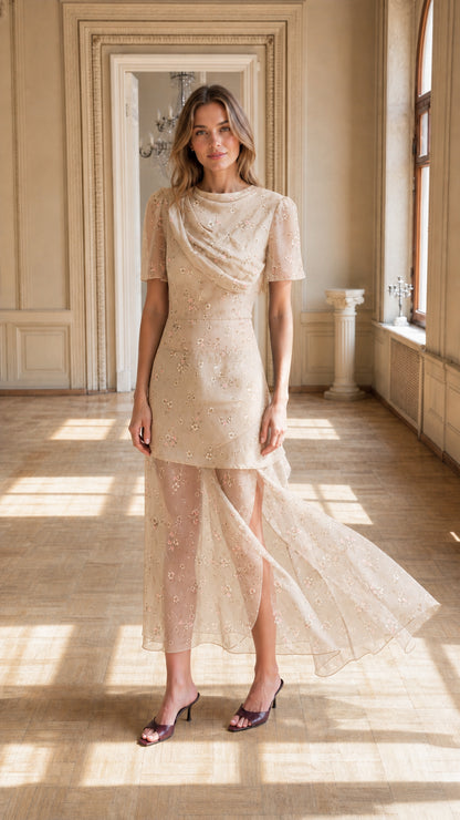 Floral Draped Cowl Neck Maxi Dress in Champagne full front view