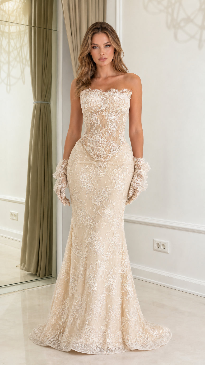 Front view of champagne strapless lace mermaid evening gown
