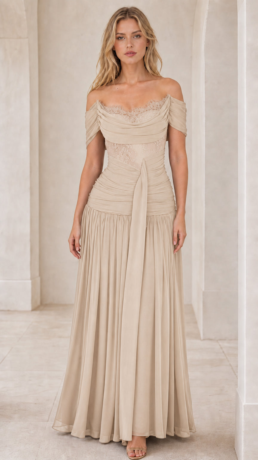 Front view of beige off-the-shoulder ruched maxi dress
