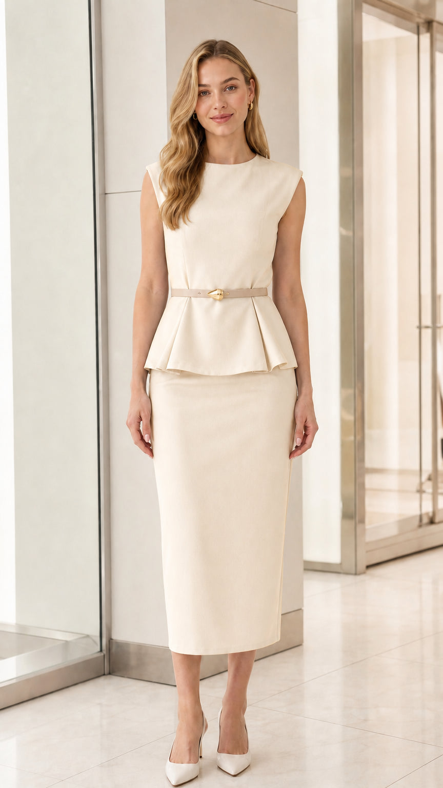 Model wearing elegant cream peplum midi dress