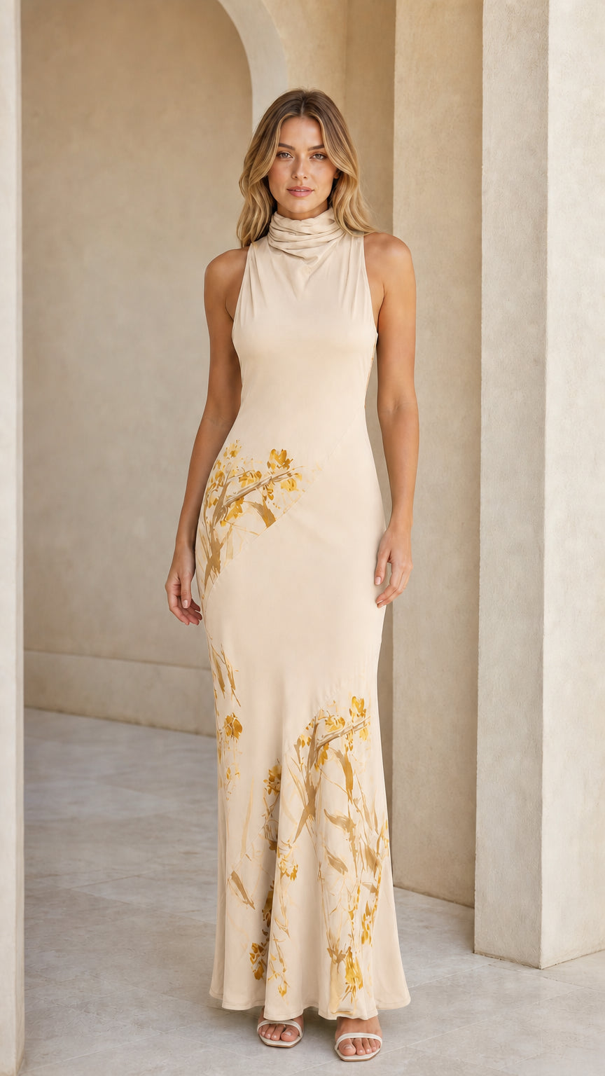 Front view of Champagne floral print maxi dress
