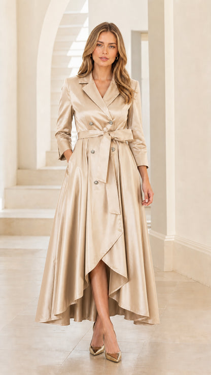 Front view of woman wearing champagne satin trench dress