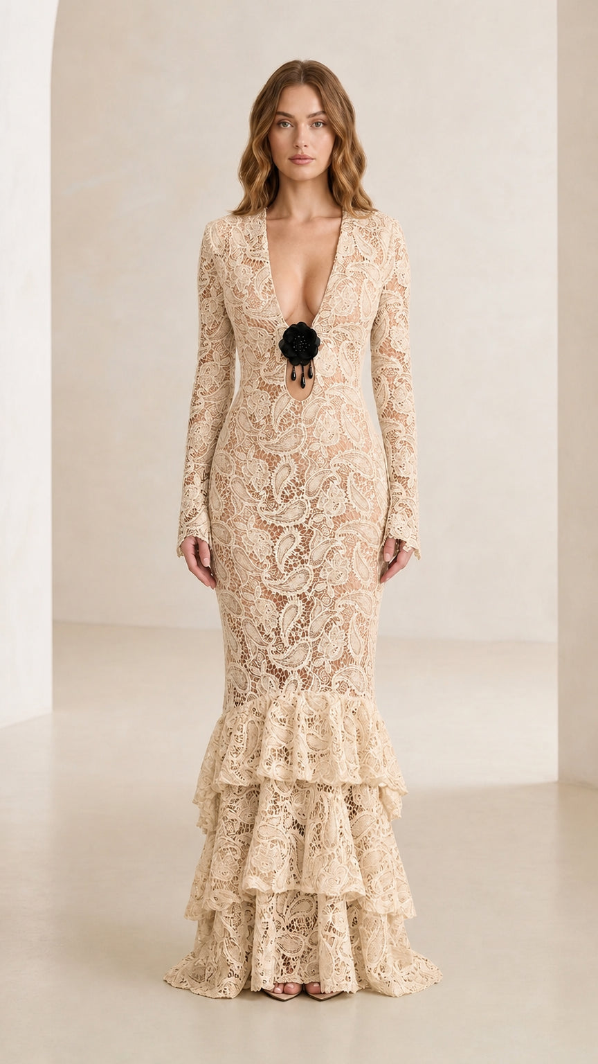 Front view of model wearing beige floral lace long-sleeve maxi dress