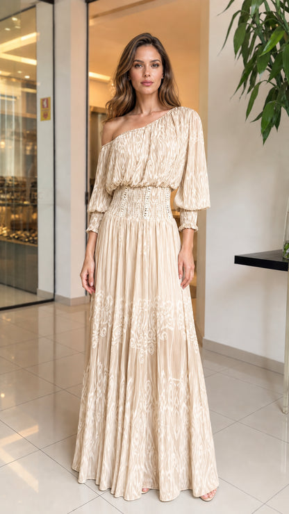 Model wearing Champagne one-shoulder maxi dress