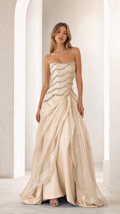 Champagne gold strapless beaded evening gown with shimmer overlay