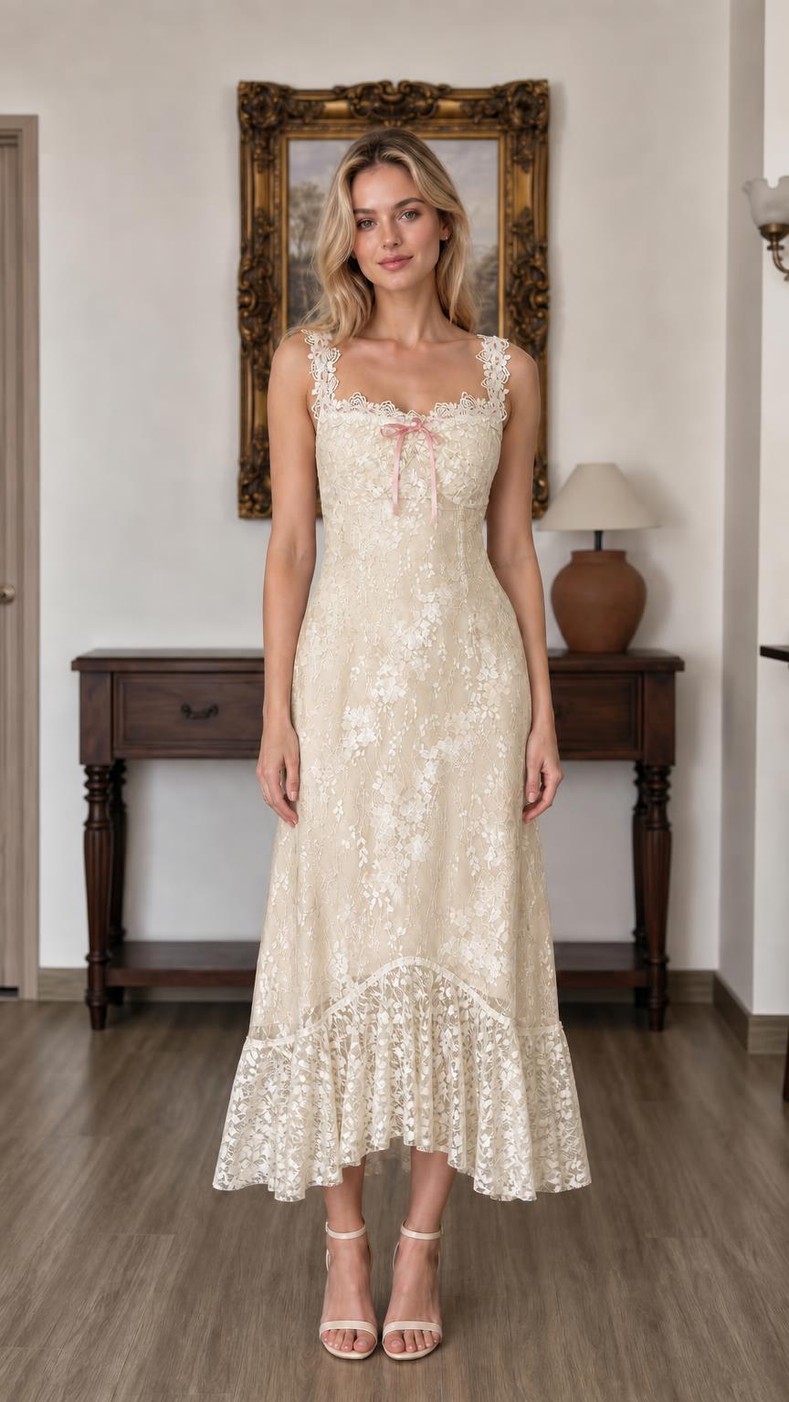 Front view of cream floral lace midi dress