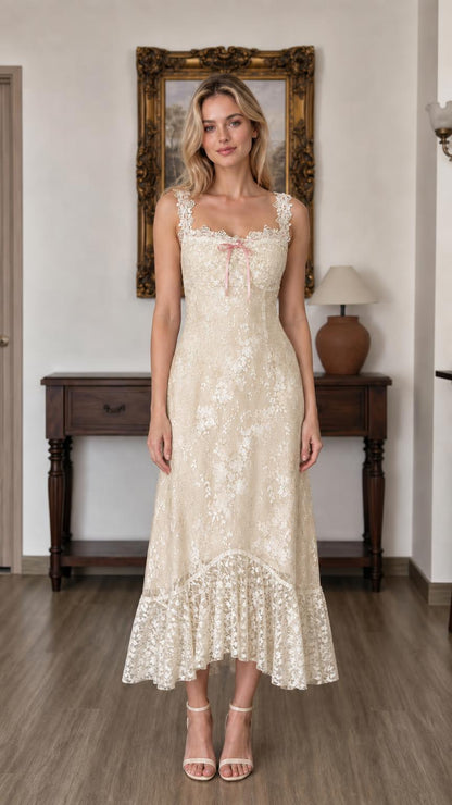 Front view of cream floral lace midi dress
