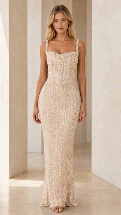 Model wearing Champagne beige beaded knit column maxi dress