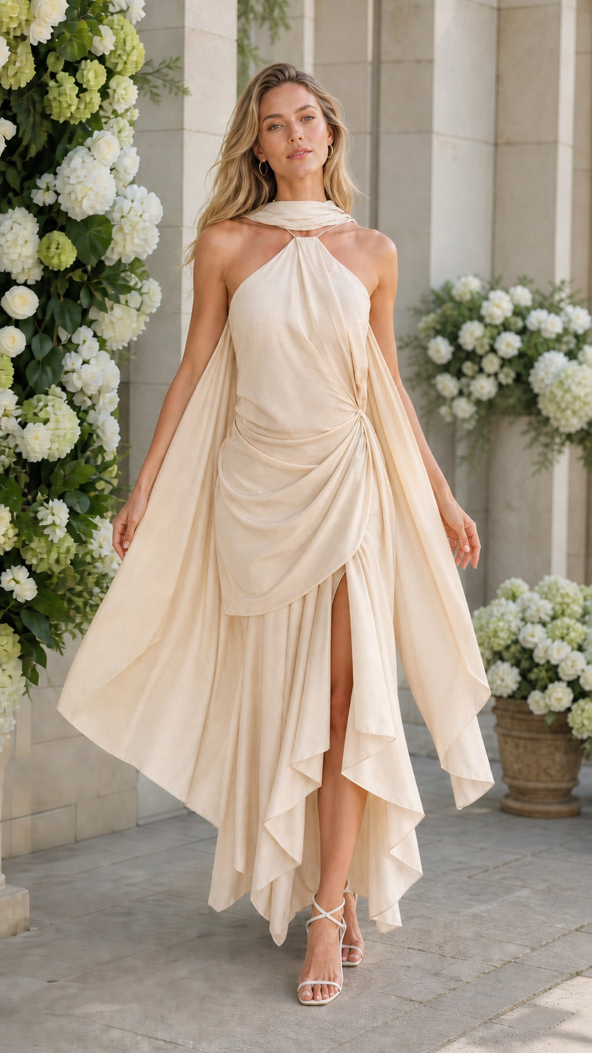 Front view of model wearing champagne draped maxi dress