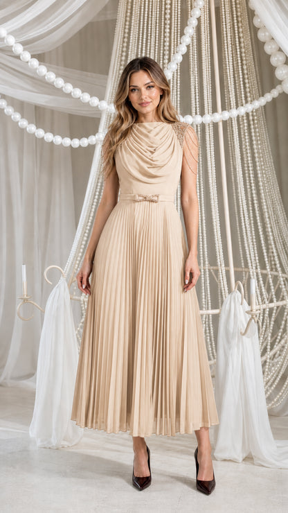 Front view of champagne pleated midi dress