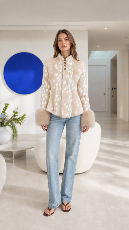 Model wearing beige faux fur fawn-print jacket