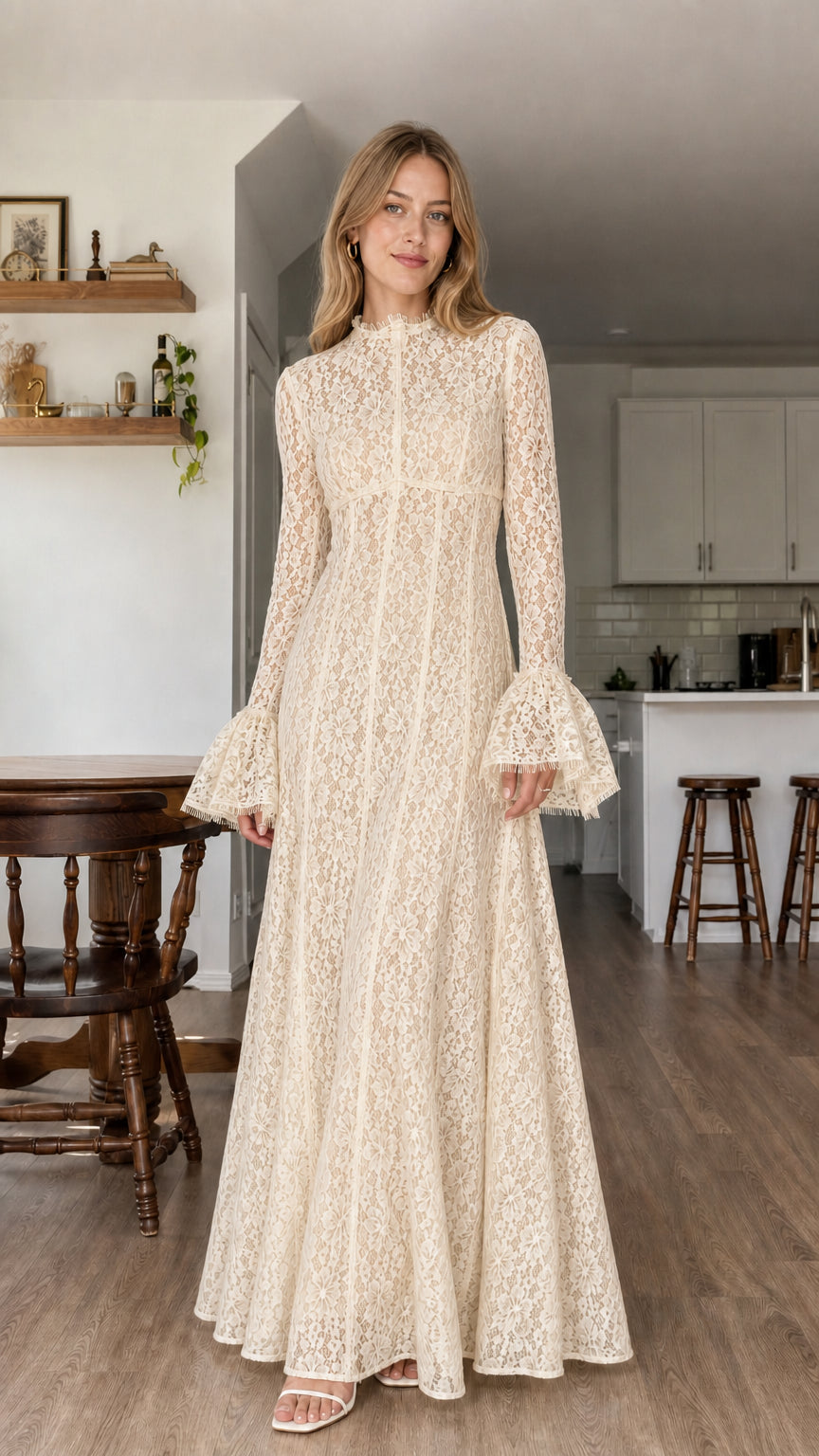 Model wearing beige all-over lace long sleeve maxi dress