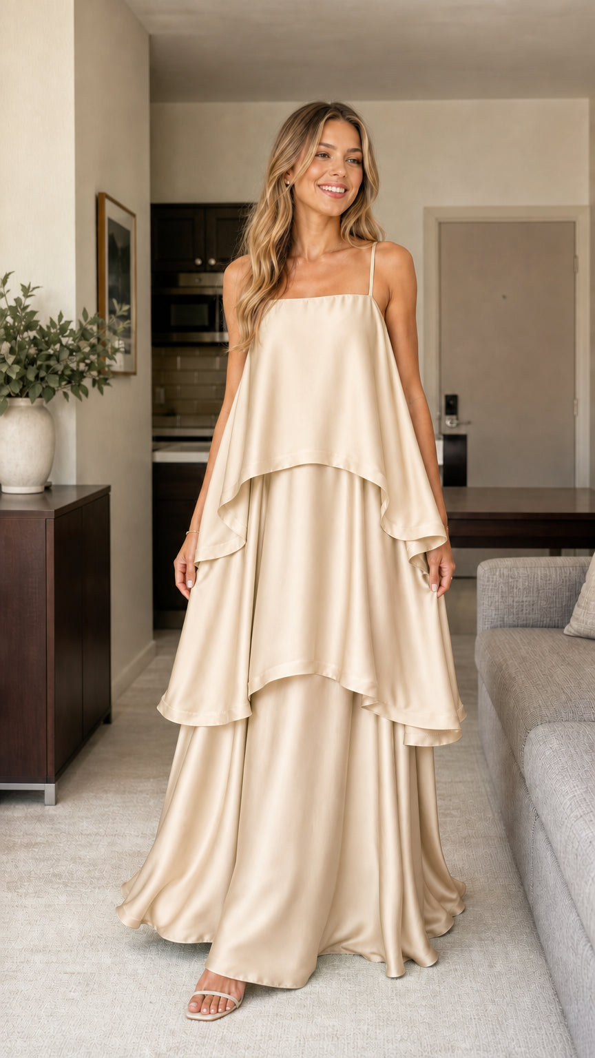 Model wearing champagne tiered maxi dress