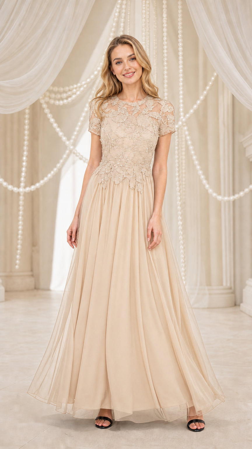 Model wearing champagne lace applique chiffon evening dress