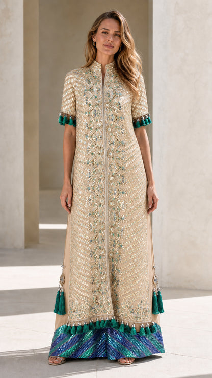 Champagne gold embellished evening maxi dress front view