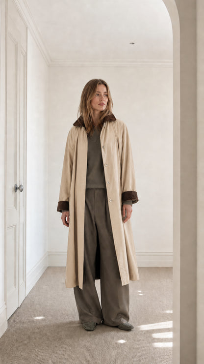 Full front view of model wearing Beige long duster coat with contrast collar