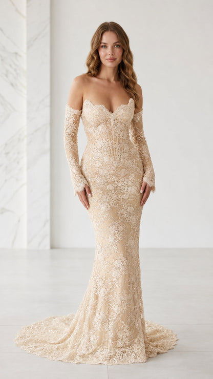 Front view of champagne lace applique mermaid evening dress