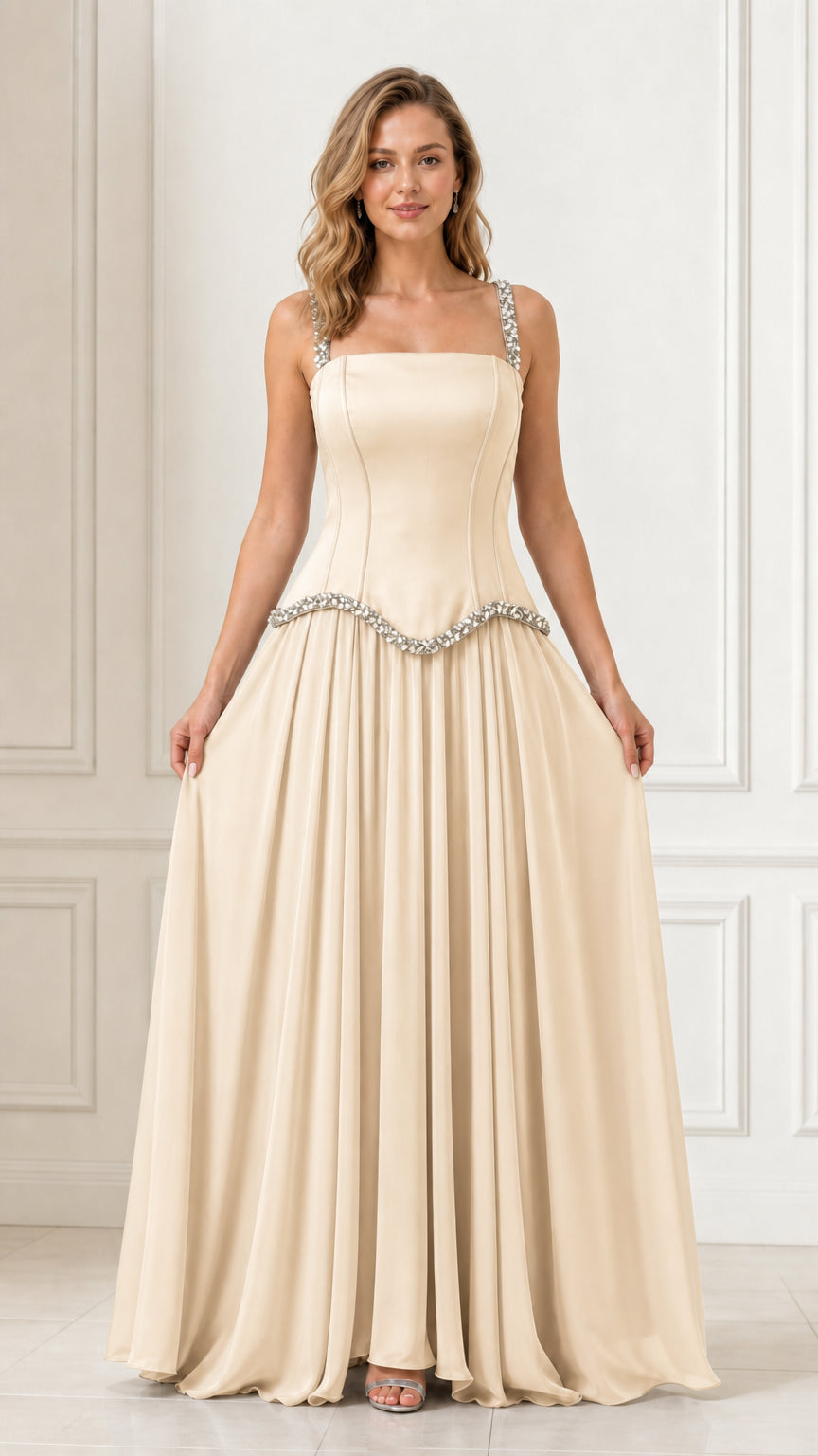 Full front view of a woman wearing a champagne cream chiffon evening maxi dress