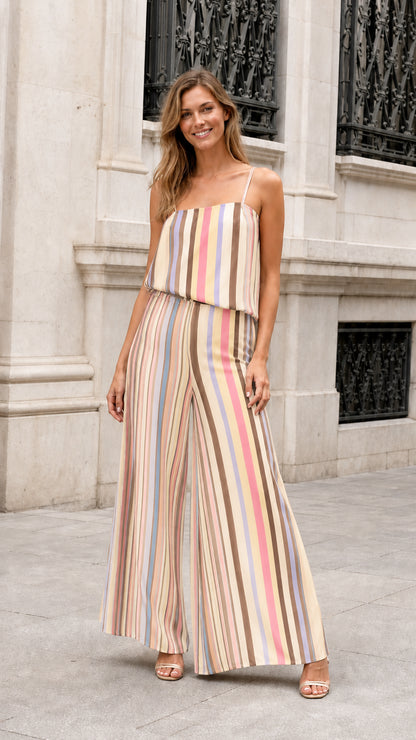 Full length view of model wearing Beige Stripe wide leg jumpsuit