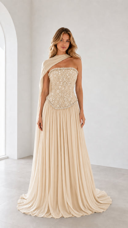 Full front view of champagne one-shoulder beaded corset evening gown