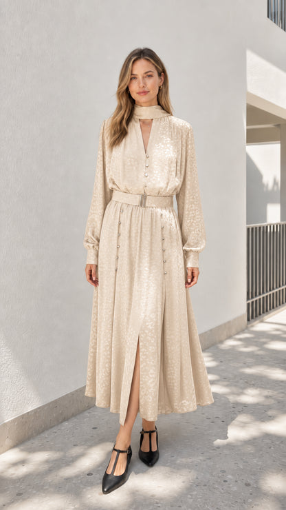 Model wearing champagne mock neck midi dress