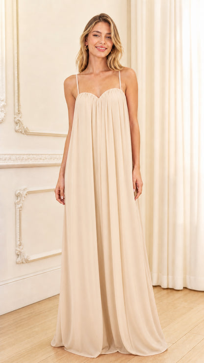 Front view of beige cream maxi dress
