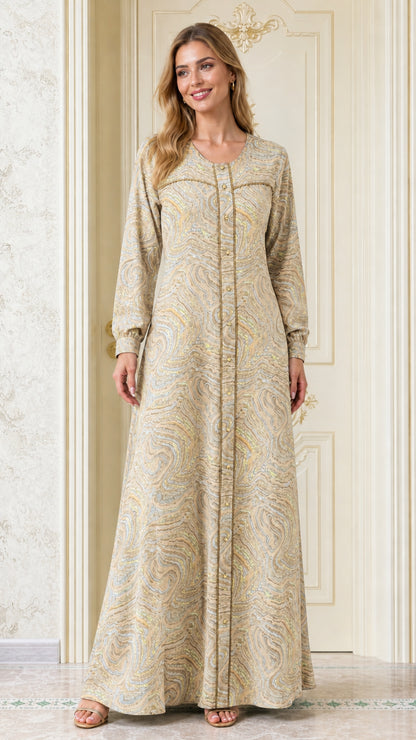 Front view of woman wearing Beige champagne marble swirl print maxi dress