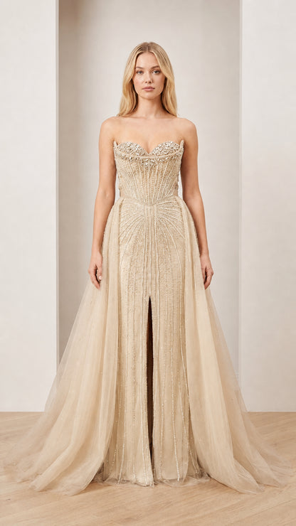 Front view of Champagne embellished strapless ball gown