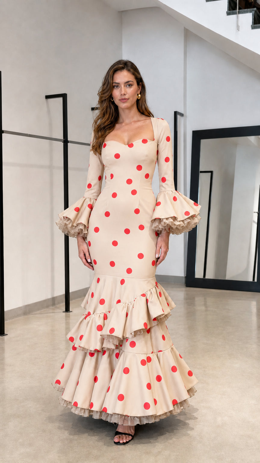 Beige and red polka dot mermaid maxi dress