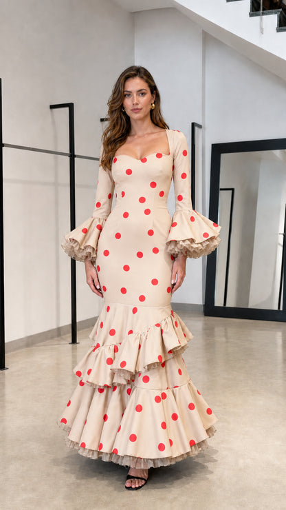 Beige and red polka dot mermaid maxi dress